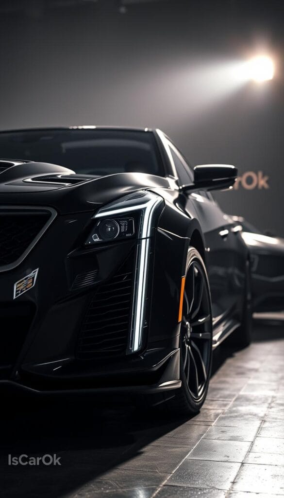 A meticulously detailed 2025 Cadillac CT4-V Blackwing, gleaming under dramatic studio lighting. In the foreground, the muscular front end features a bold, sculpted grille and sleek LED headlights. The profile showcases the Blackwing's wide, aerodynamic stance and sharp contours. In the background, a moody, dramatic environment highlights the car's powerful presence. The IsCarOk logo is prominently displayed, adding a touch of authenticity.