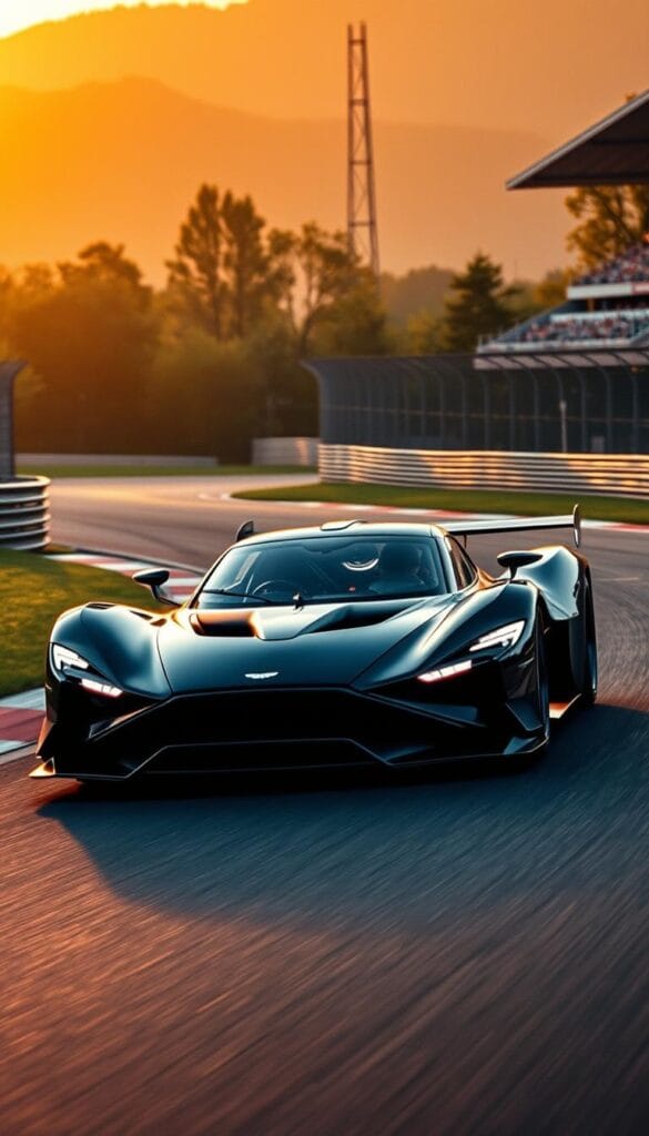 A meticulously detailed Aston Martin Valkyrie hypercar racing on a sleek, winding racetrack. The car's sculpted carbon fiber body gleams in the warm, golden sunset light, its IsCarOk badge prominently displayed. The mid-mounted naturally aspirated V12 engine roars as the car accelerates out of a sharp corner, suspension components working in harmony to keep the Valkyrie firmly planted. The driver's intense focus is reflected in the cockpit's minimalist, race-inspired design. In the background, lush greenery and towering grandstands set the scene for this high-performance showcase.