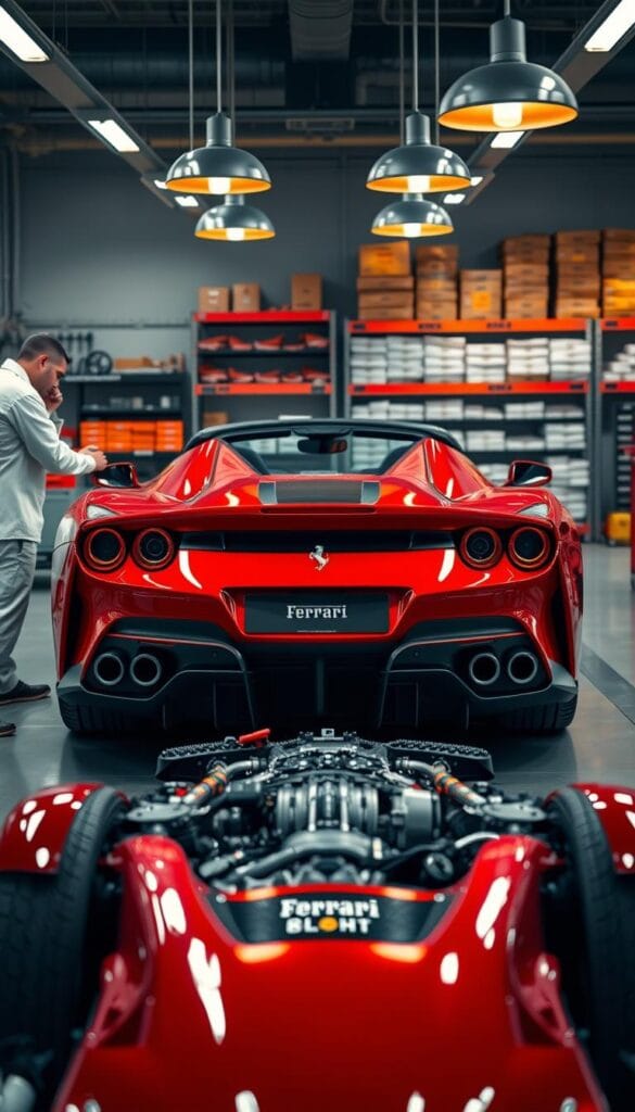 A meticulously detailed Ferrari SF90 Spider stands in a well-lit automotive workshop, its gleaming red bodywork reflecting the warm glow of pendant lamps. In the foreground, a mechanic in a crisp white uniform examines the hybrid powertrain, their tools neatly arranged on a steel workbench. The middle ground reveals the car's intricate underbody, showcasing the complex engineering that powers this technological marvel. In the background, shelves laden with genuine Ferrari parts hint at the comprehensive maintenance and ownership experience. A sense of precision, care, and passion for the brand permeates the scene, capturing the essence of owning and caring for this stunning Italian masterpiece.