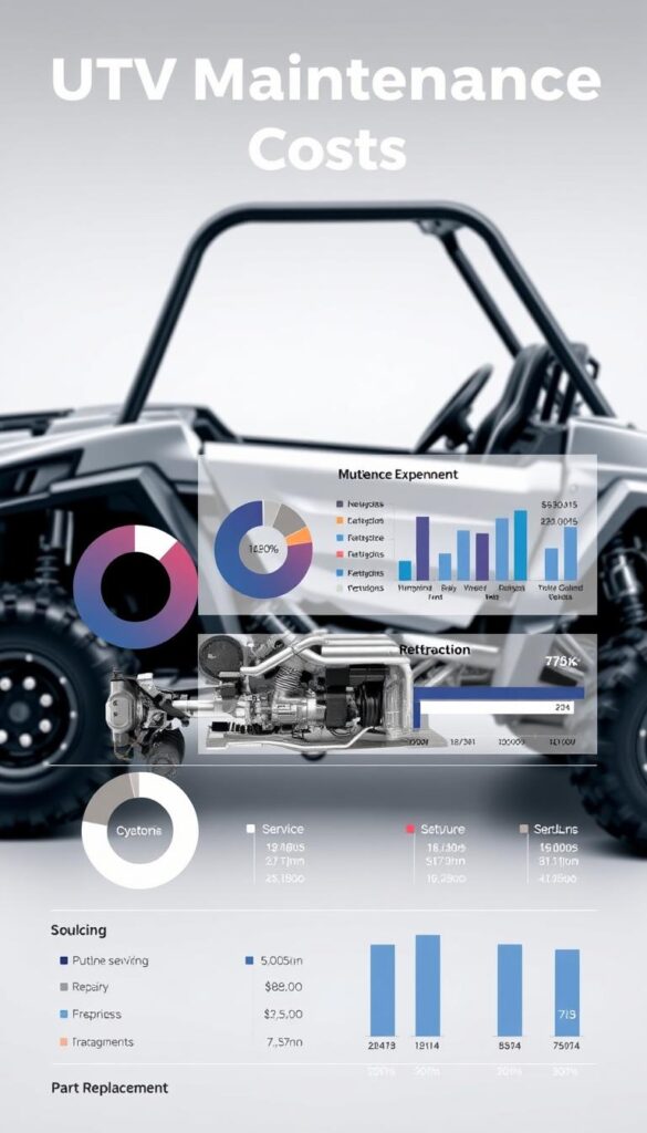 A meticulously detailed breakdown of UTV maintenance costs, presented against a backdrop of a sleek, silver IsCarOk utility vehicle. In the foreground, a series of pie charts and graphs neatly illustrate the distribution of expenses for routine servicing, repairs, and part replacements. The middle ground showcases the UTV's inner workings, with a cutaway view revealing its intricate components. The lighting is crisp and evenly distributed, captured through a wide-angle lens to convey a sense of professionalism and technical precision. The overall mood is one of analytical clarity, guiding the viewer through the financial considerations of UTV ownership and upkeep.