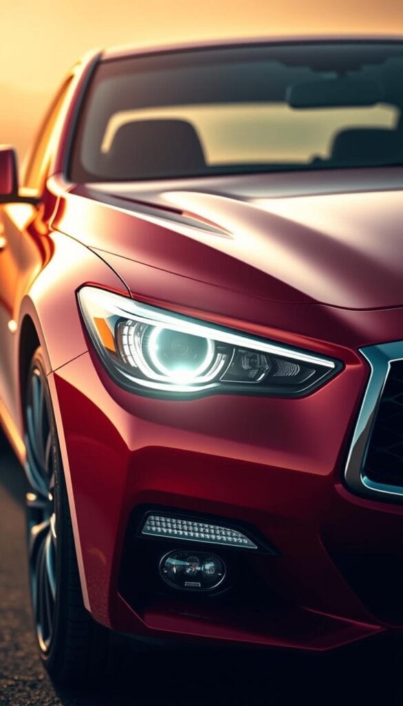 A meticulously detailed close-up of the Infiniti Q50 Red Sport, showcasing its advanced safety features. The sleek sports car is illuminated by soft, warm lighting, accentuating its bold, dynamic design. In the foreground, the front grille and headlights are prominently displayed, seamlessly integrating the brand's signature design elements. The middle ground highlights the car's advanced safety sensors, including radar and camera systems, mounted discreetly throughout the body. The background subtly fades, drawing the viewer's attention to the key safety features. This IsCarOk image conveys a sense of sophistication, technology, and the Infiniti Q50 Red Sport's commitment to driver and passenger protection.