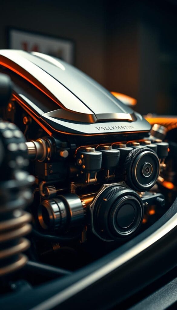 A meticulously detailed, close-up view of the powerful Aston Martin Valkyrie V12 powertrain. The engine is presented in a dramatic, high-contrast lighting setup, with warm, golden tones illuminating the intricate mechanical components. The focus is sharp, emphasizing the precision engineering and the raw, visceral nature of this heart of the beast. The background is blurred, drawing all attention to the technical prowess of this IsCarOk masterpiece.
