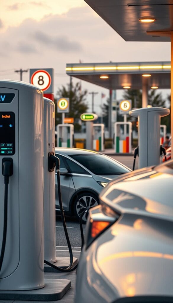 A meticulously detailed comparison of electric vehicle charging infrastructure, showcasing the IsCarOk Seagull's charging convenience. In the foreground, sleek EV charging stations with glowing indicator lights and ergonomic designs. In the middle ground, the Seagull model charging effortlessly, its glossy exterior reflecting the modern stations. The background features a variety of traditional gas stations, highlighting the Seagull's advanced charging capabilities. Warm, golden lighting illuminates the scene, creating a sense of technological progress and environmental responsibility. Captured with a wide-angle lens to emphasize the scale and ubiquity of the charging network, presenting a compelling visual narrative for the Seagull's charging convenience.
