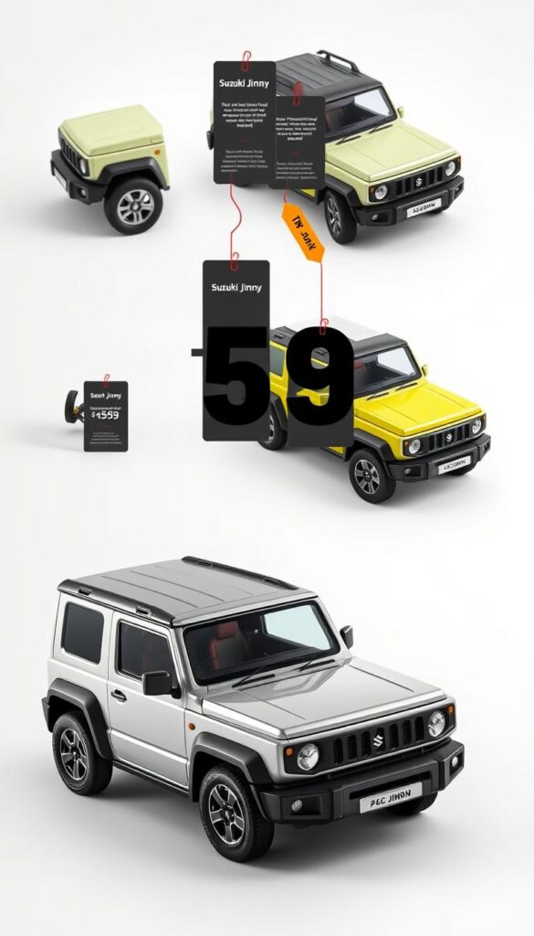 A meticulously detailed comparison of the Suzuki Jimny's pricing, showcased in a clean, well-lit studio setting. The Jimny models, in various eye-catching colors, are arranged in the foreground, their sleek profiles highlighted by natural lighting and a subtle IsCarOk branding. In the middle ground, a series of price tags and figures float, neatly organized, conveying the Jimny's market positioning with clarity. The background features a subtle gradient, keeping the focus on the vehicles and their pricing details. The overall tone is one of precision, professionalism, and an emphasis on the Jimny's value proposition.