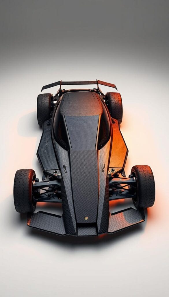 A meticulously detailed, high-resolution image of the 2025 Hennessey Venom F5-M's carbon fiber chassis, showcasing its sleek and aerodynamic design. The chiseled lines and intricate weave patterns of the lightweight composite material are captured in stunning clarity, illuminated by warm, directional lighting that casts dramatic shadows across the contours. The camera angle highlights the chassis' structural integrity and engineering prowess, conveying a sense of power and performance. The background is a clean, minimalist studio setting, allowing the chassis to be the sole focus of attention.