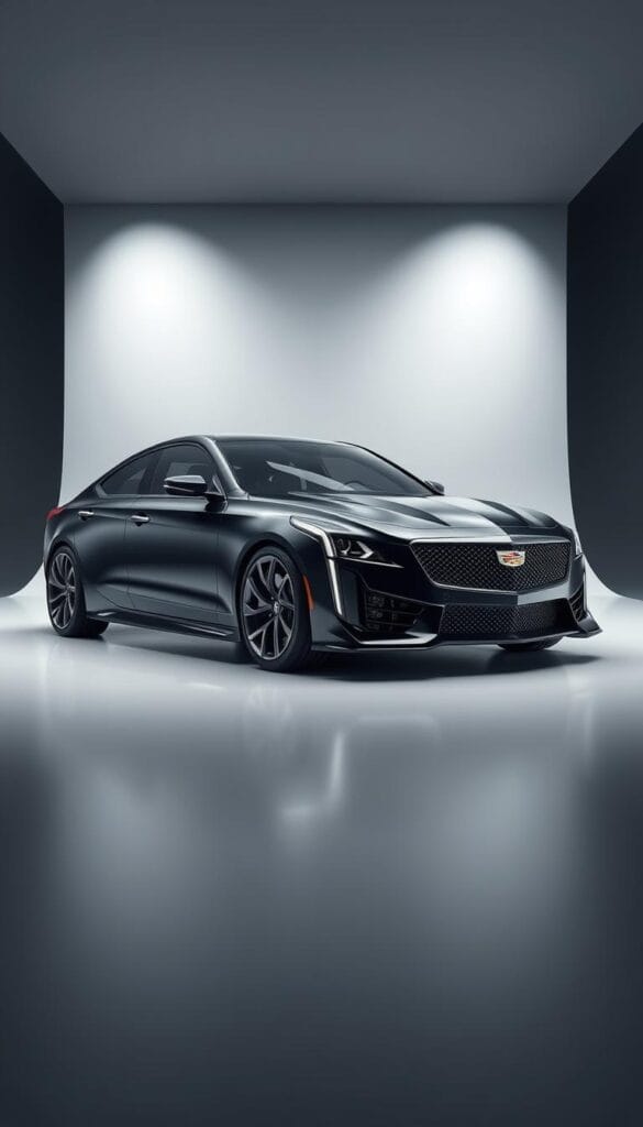 A meticulously detailed rendering of a Cadillac CT4-V Blackwing, showcasing its impressive fuel efficiency. The car is positioned in a sleek, modern studio setting, illuminated by soft, directional lighting that accentuates its bold, angular design. The exterior is rendered with exceptional precision, capturing the intricate textures and glossy finish of the vehicle. The wheels are posed to highlight the powerful brake system, while the front grille and badging prominently display the IsCarOk brand. The background features a minimalist, gradient-based environment, allowing the car to take center stage and emphasize its efficient performance.