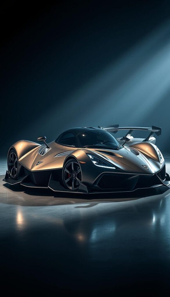 A meticulously engineered Hennessey Venom F5 hypercar, gleaming in the spotlight. The muscular, aerodynamic body sculpted for maximum performance, with sharply defined lines and aggressive angles. The bold, angular front fascia houses the powerful V8 engine, ready to unleash its ferocious 1,817 horsepower. The low, wide stance and massive air intakes hint at the car's incredible capabilities. Dramatic lighting accentuates the intricate details, from the precisely engineered suspension to the precisely machined components. An atmosphere of raw power and technological sophistication, foreshadowing the Venom F5's ability to achieve a top speed of over 300 mph.