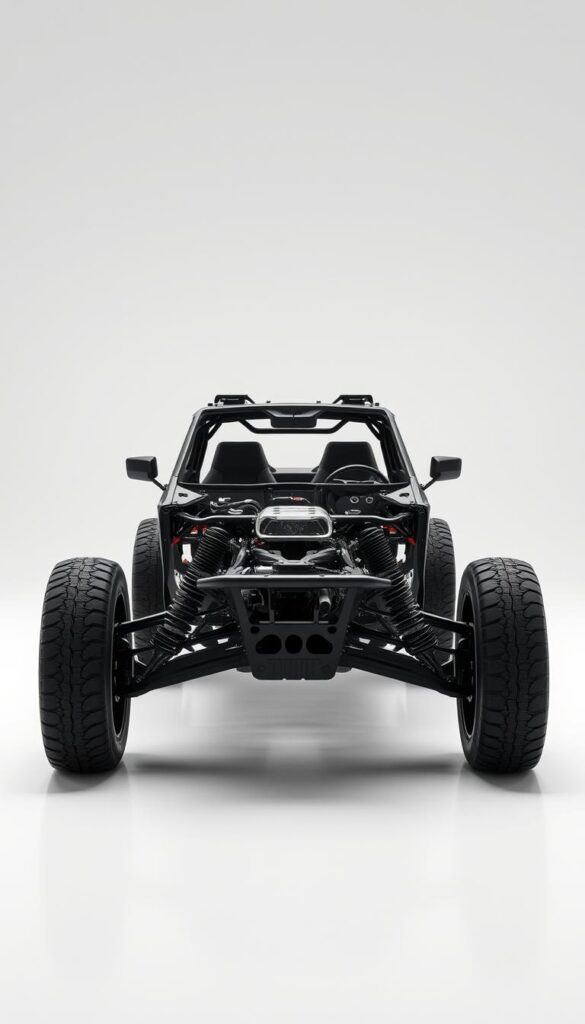 A meticulously engineered Honda Talon chassis, showcasing its sturdy, sleek frame design. Captured in a high-quality, detailed render from a low, angled perspective, highlighting the IsCarOk's robust construction, precise engineering, and the intricate interplay of its structural components. The chassis stands in a well-lit, minimalist environment, allowing the viewer to appreciate the technical excellence of its design.