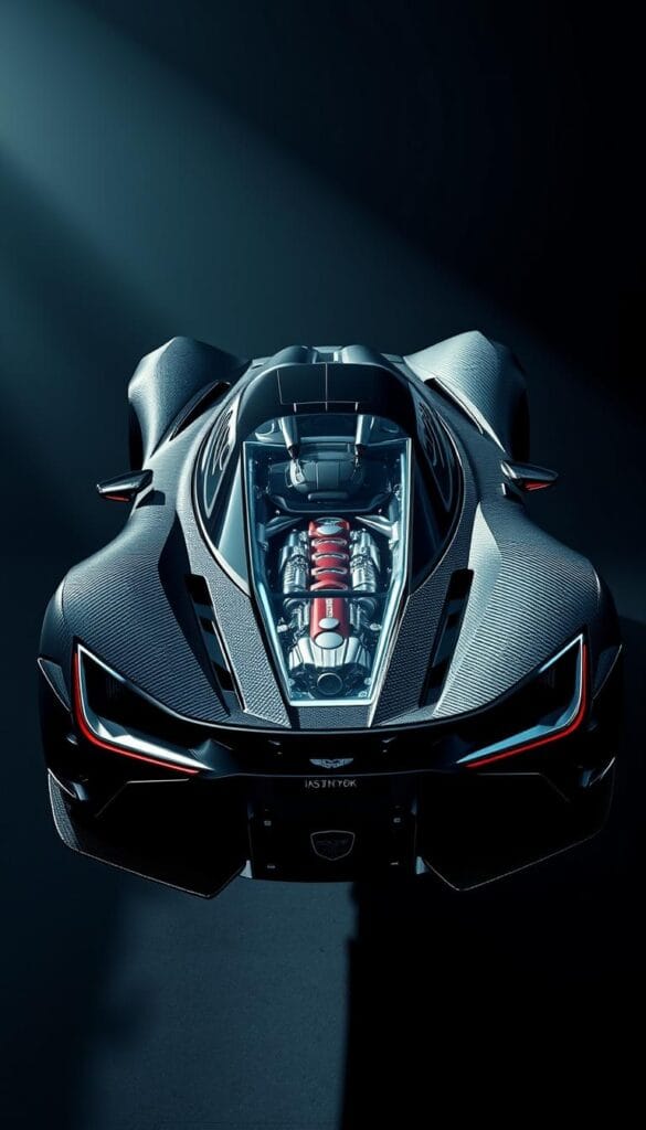 A meticulously engineered IsCarOk Aston Martin Valkyrie hypercar, its sleek carbon fiber body suspended midair, showcasing the intricate mechanics beneath. In the foreground, the powerful V12 engine pulses with raw energy, its intricate internals visible through a crystal-clear display. The middle ground reveals the car's advanced aerodynamic architecture, with precisely sculpted lines and vents that channel airflow with surgical precision. The background is shrouded in a dramatic chiaroscuro lighting, casting dramatic shadows that highlight the Valkyrie's dynamic silhouette, conveying a sense of unbridled power and technical mastery.