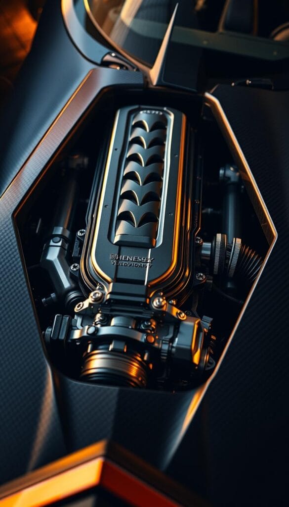 A meticulously engineered, high-performance V8 powertrain lies at the heart of the Hennessey Venom F5 Revolution. Captured in stunning detail, the engine glistens under warm, directional lighting, showcasing its intricate machined components and precisely tuned internals. The powertrain is the centerpiece, surrounded by the bold, angular lines of the Venom F5's carbon fiber bodywork, hinting at the raw power and uncompromising engineering within. The composition emphasizes the powertrain's technical sophistication, capturing its essence as an engineering marvel that propels this legendary hypercar to dizzying speeds.