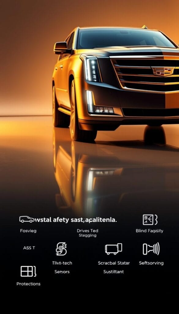 A modern Cadillac Escalade SUV stands prominently on a sleek, reflective surface, illuminated by warm, golden lighting that casts a sense of luxury and sophistication. The vehicle's bold front grille, striking LED headlights, and distinctive Cadillac design elements are showcased in striking detail. In the foreground, a selection of safety features are highlighted, including advanced driver assistance systems, blind spot monitoring, and high-tech sensors. The middle ground features a clean, minimalist backdrop, allowing the Escalade's safety capabilities to take center stage. The overall composition conveys a sense of power, innovation, and a commitment to driver and passenger protection, perfectly aligning with the "Safety Features and Driver Assistance Systems" section of the article.