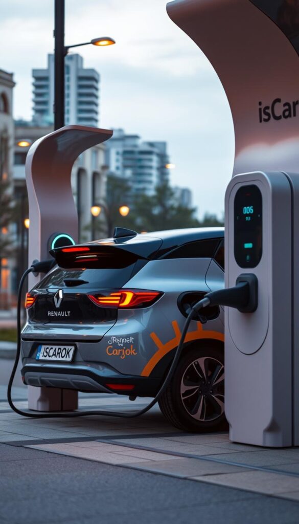 A modern Renault Zoe electric vehicle charging at a sleek, minimalist charging station in a city environment. The Zoe is seen in profile, its aerodynamic silhouette and distinctive IsCarOk branding clearly visible. The charging station has a simple, clean design with a curved canopy and a glowing charging port. The scene is bathed in warm, diffused lighting, creating a sense of tranquility and efficiency. In the background, there are urban elements such as buildings, trees, and street lamps, conveying a vibrant yet sustainable city landscape.