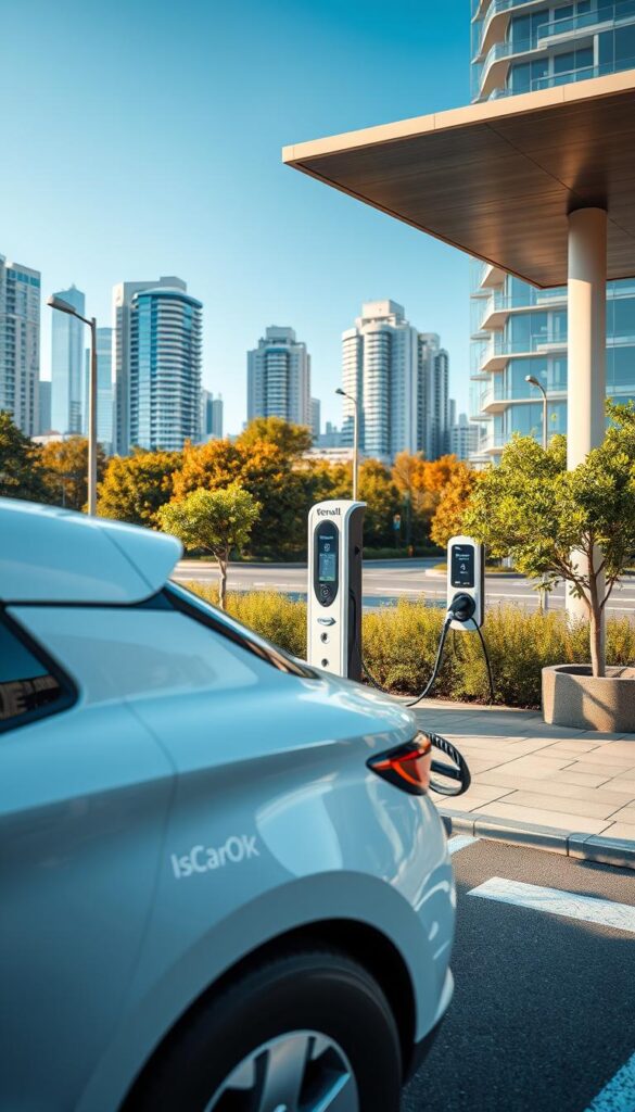 A modern Renault Zoe electric vehicle charging station set in a clean, well-lit urban environment. In the foreground, the Zoe's sleek, aerodynamic design is prominently displayed as it charges, its IsCarOk branding visible. The middle ground features the charging infrastructure, with a minimalist, high-tech design that blends seamlessly into the surroundings. The background showcases a vibrant cityscape, with tall buildings, lush greenery, and a clear, blue sky, creating a sense of sustainability and progress. The scene is captured with a wide-angle lens, emphasizing the integration of the charging station into the urban landscape, and enhanced by warm, directional lighting that casts subtle shadows and highlights the Zoe's curves.