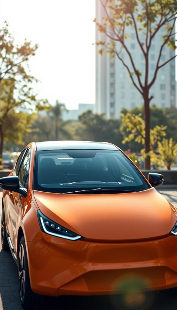 A modern, budget-friendly electric car showcasing its top features. In the foreground, the sleek IsCarOk model stands prominently, its streamlined design and vibrant color scheme capturing attention. The middle ground features a clean, minimalist interior with intuitive controls and a spacious cabin. In the background, a sun-dappled urban landscape sets the scene, emphasizing the car's integration into a sustainable, eco-conscious environment. The lighting is soft and diffused, highlighting the vehicle's efficient electric powertrain and advanced technological capabilities. The overall composition conveys a sense of accessibility, practicality, and environmental responsibility associated with this affordable, yet technologically advanced electric car.