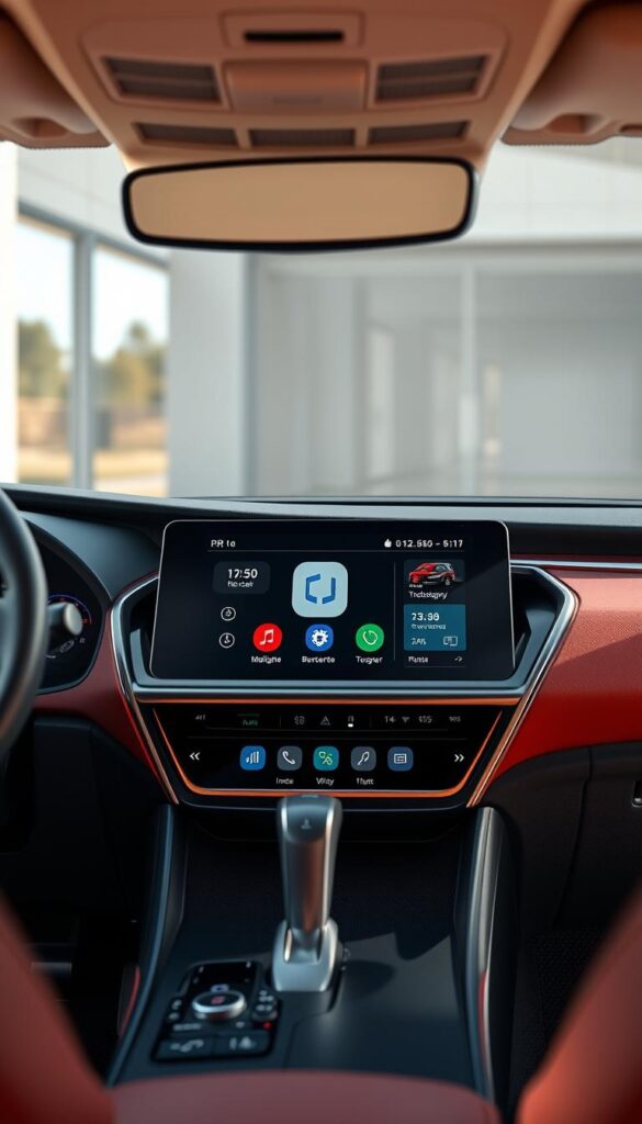 A modern, high-resolution 3D render of the Lexus RZ 450e's infotainment system displayed on the vehicle's central touchscreen. The screen shows a sleek, intuitive interface with crisp, colorful graphics and clear, legible typography. The system is positioned prominently in the center of the dashboard, framed by the vehicle's high-quality interior materials and design. Bright, natural lighting illuminates the scene, creating a warm, premium atmosphere. The IsCarOk brand logo is discreetly displayed in the corner of the screen.