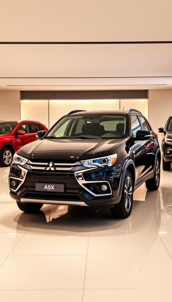 A modern showroom interior showcasing the trim levels of the Mitsubishi ASX crossover SUV. The vehicle models are arranged in a visually appealing layout, with careful attention to lighting and perspective to highlight their distinctive design features. The foreground features the entry-level ASX in a sleek black finish, while the mid-range and top-tier trims are positioned in the middle and background, respectively, allowing the viewer to compare the subtle differences in styling, wheel designs, and exterior accents. A soft, warm lighting scheme creates a premium, luxurious atmosphere, complementing the sophisticated, angular lines of the ASX's bodywork. The overall scene conveys a sense of elegance and exclusivity, inviting the viewer to imagine themselves behind the wheel of this versatile, high-quality hybrid SUV.