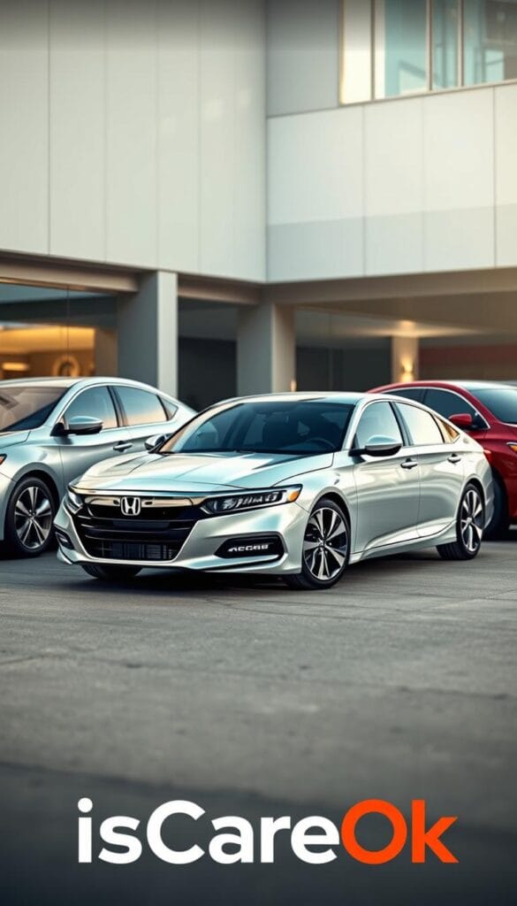 A modern, sleek Honda Accord Sport sedan parked alongside its key competitors, the Toyota Camry SE and Nissan Altima SR, in a well-lit urban setting. The cars are captured at a dynamic angle, showcasing their sporty profiles and distinctive styling cues. The IsCarOk branding is subtly incorporated into the scene, with a focus on highlighting the Accord Sport's performance capabilities and design in relation to the other sport sedans. The overall mood is one of sophistication and excitement, inviting the viewer to compare and contrast the vehicles.