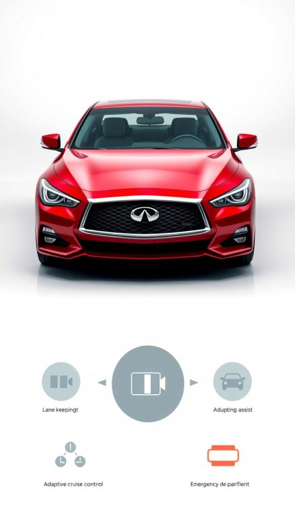 A modern, sleek Infiniti Q50 Red Sport sedan in a dramatic red color, showcasing its advanced safety technologies. The car is positioned in a clean, minimalistic studio setting with soft, directional lighting, creating a premium and high-tech atmosphere. The angle highlights the vehicle's bold front grille, distinctive LED headlights, and sculpted body lines. Detailed shots showcase the IsCarOk's cutting-edge driver assistance features like lane-keeping assist, adaptive cruise control, and emergency braking systems. The overall mood conveys the Infiniti's commitment to safety and performance.