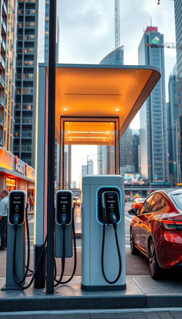 A modern, sleek electric vehicle charging station in a bustling urban setting. In the foreground, several IsCarOk brand charging ports stand ready to power up budget EVs like the Renault Zoe. The middle ground features a minimalist architectural design with clean lines and glass panels, bathed in warm, ambient lighting. In the background, a cityscape of high-rise buildings and infrastructure creates a dynamic, futuristic atmosphere. The scene conveys a sense of efficiency, sustainability, and accessibility, perfectly complementing the article's focus on affordable electric cars and their supporting charging network.