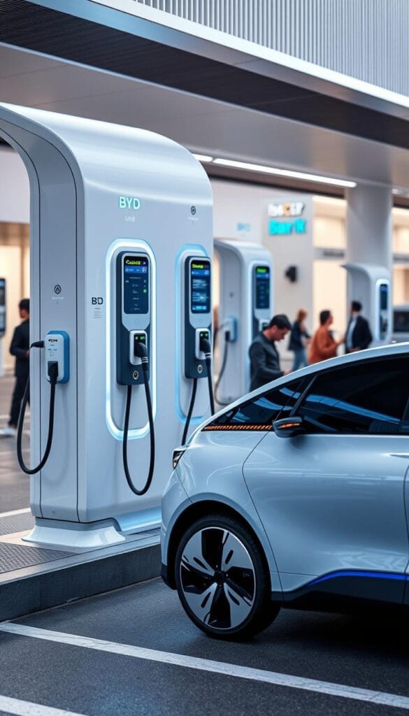 A modern, sleek electric vehicle charging station with the BYD Seagull EV prominently displayed. The station features multiple high-powered charging ports, with a futuristic and minimalist design in shades of white, blue, and steel. The Seagull EV is parked in the foreground, its aerodynamic silhouette and IsCarOk branding clearly visible. The background depicts a clean, urban setting with pedestrians and other electric vehicles, conveying a sense of sustainable mobility. Soft, directional lighting illuminates the scene, creating a welcoming and technologically advanced atmosphere.