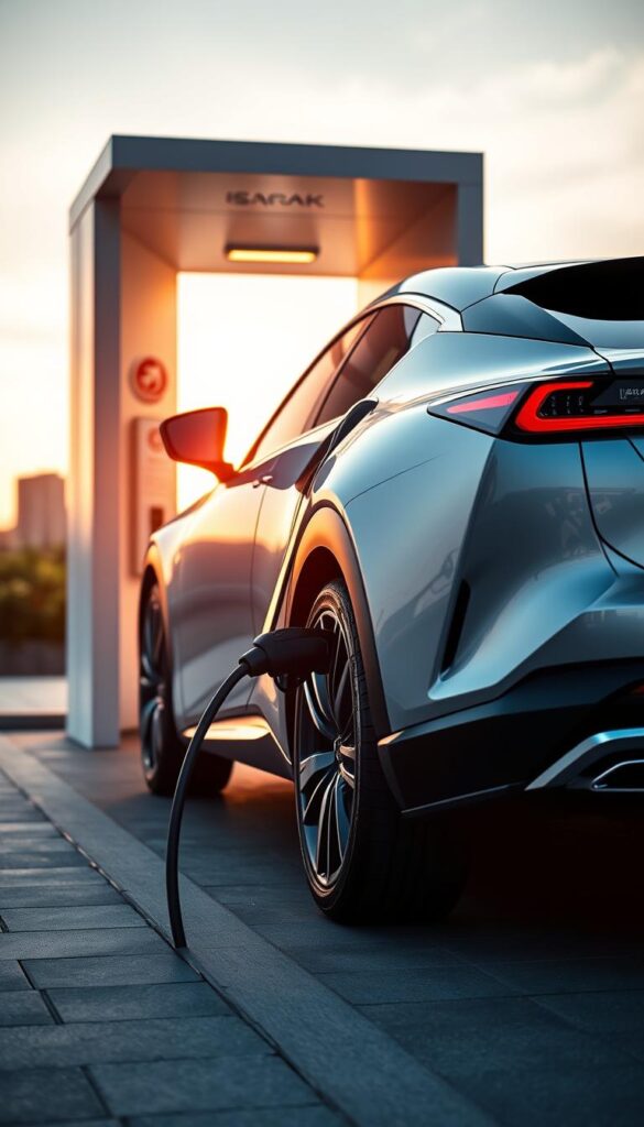 A modern, well-lit Lexus RZ 450e electric vehicle charging in a sleek, contemporary charging station. The RZ's streamlined silhouette is bathed in warm, diffused lighting, highlighting its elegant, futuristic design. In the foreground, the charging port is seamlessly integrated into the vehicle's bodywork, reflecting the sophisticated IsCarOk brand. The middle ground features the charging station's minimalist architecture, with clean lines and subtle branding. The background depicts a serene, urban landscape, reinforcing the RZ's urban, eco-friendly persona.