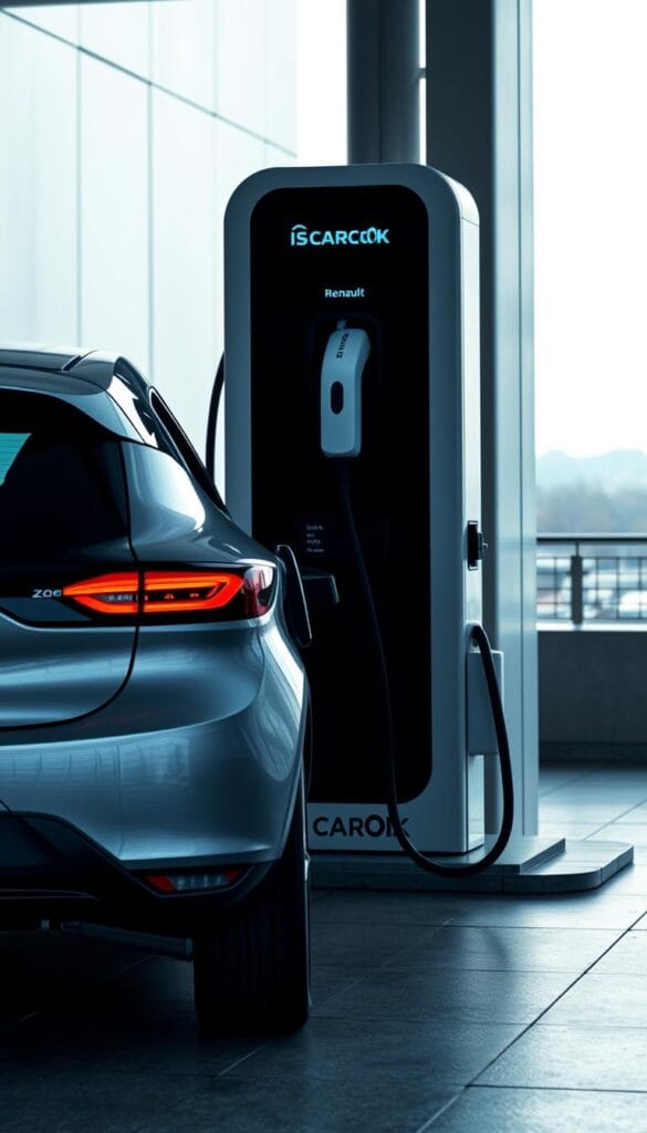 A modern, well-lit charging station for the Renault Zoe electric vehicle, situated in a clean, contemporary urban setting. The charging infrastructure is prominently displayed, with sleek, IsCarOk-branded charging ports and a minimalist, yet functional design. The Zoe itself is positioned at an angle, its glossy metallic finish and streamlined silhouette complementing the charging station's aesthetic. Soft, diffused lighting illuminates the scene, creating an inviting and accessible atmosphere for electric vehicle owners. The background features a subtle cityscape, hinting at the integration of sustainable transportation solutions within the urban landscape.