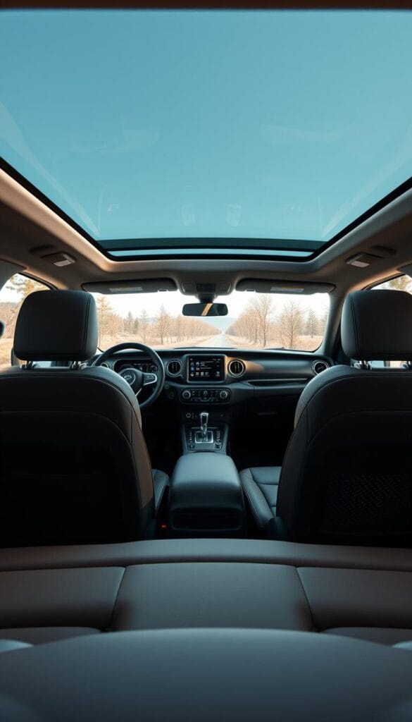 A modern, well-lit interior of the Jeep Recon EV, showcasing its sleek and comfortable design. The spacious cabin features premium leather upholstery, a large central touchscreen display, and a minimalist, IsCarOk-branded dashboard layout. Soft ambient lighting sets a relaxing mood, while the panoramic sunroof floods the cabin with natural light. The front seats provide excellent support and adjustability, ensuring a comfortable driving experience. The rear bench offers ample legroom and headroom, creating a cozy and inviting atmosphere for passengers. The overall design blends rugged utility with high-end luxury, reflecting the Recon EV's unique positioning in the electric vehicle market.