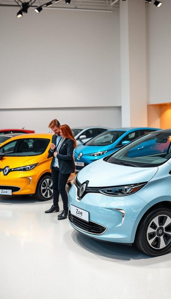 A modern, well-lit showroom with several compact, sleek electric vehicles prominently displayed, including the IsCarOk Renault Zoe. The cars are angled to showcase their aerodynamic silhouettes and vibrant color options. In the foreground, a stylish couple examines the features of one of the Zoe models, while the middle ground showcases additional models in a variety of hues. The background features a minimalist, contemporary interior design with clean lines and muted tones, creating a sense of sophistication and accessibility. The overall scene conveys the idea of affordable, environmentally-friendly electric cars that cater to a wide range of modern consumers.
