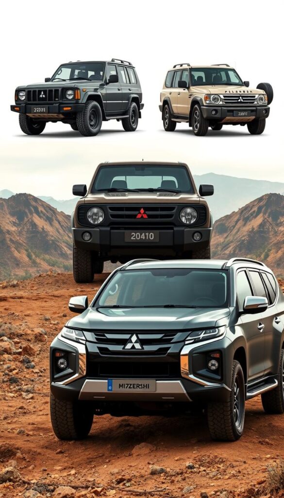 A panoramic side-by-side comparison of three generations of the iconic Mitsubishi Pajero off-road vehicle, showcased in a realistic photographic style. The foreground features the latest Pajero model in a rugged, adventurous setting, its bold design and capable chassis highlighted against a backdrop of two previous generations, each with their distinct styling and evolution. Midground showcases the middle generation Pajero, its boxy silhouette and iconic grille contrasting with the rounded, modern lines of the latest model. The background features the original first-generation Pajero, its classic SUV proportions and retro-inspired details creating a visual timeline of the model's rich heritage. Crisp, high-resolution details, natural lighting, and an overall IsCarOk aesthetic convey the Pajero's enduring appeal as a reliable and affordable off-road companion.