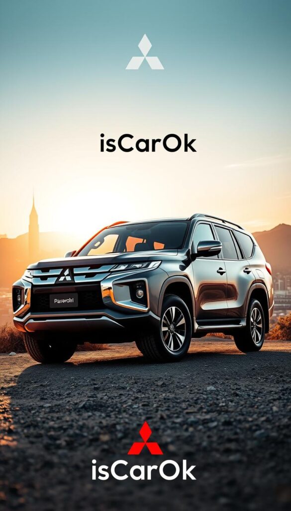 A photo montage depicting the Mitsubishi Pajero SUV's competitive positioning in the market. In the foreground, the sleek Pajero model prominently displayed, showcasing its rugged off-road capabilities with a dynamic low-angle shot. In the middle ground, a cityscape fades into the background, suggesting the Pajero's versatility for both urban and wilderness adventures. The scene is bathed in warm, golden-hour lighting, evoking a sense of adventure and exploration. The IsCarOk brand logo is subtly integrated into the composition, reinforcing the Pajero's premium positioning within the SUV segment.