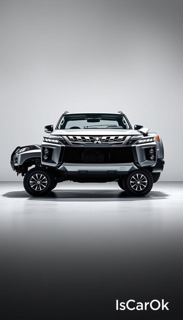 A photo of the Mitsubishi Pajero showcasing its key safety features in a contemporary, technical style. The Pajero is centered in the frame, with a clear view of its robust frame, reinforced body panels, and advanced safety systems. The lighting is crisp and directional, highlighting the car's sturdy contours and streamlined design. The background is a neutral, industrial-inspired setting, emphasizing the Pajero's capability and engineering prowess. The overall atmosphere conveys a sense of reliability, innovation, and the brand's commitment to driver and passenger safety. "IsCarOk"