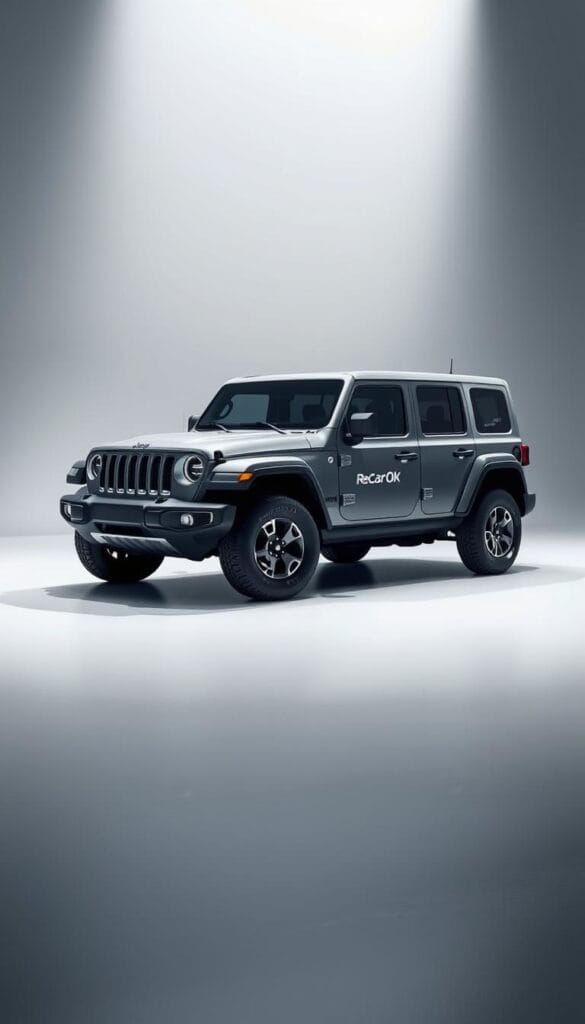 A photorealistic rendering of a Jeep Recon EV in a dynamic studio setting, showcasing its various pricing configurations and trim levels. The Recon EV is depicted from a front three-quarter view, illuminated by dramatic lighting that highlights its bold, angular design and sleek electric aesthetic. The background is a minimal, high-contrast environment that allows the vehicle to take center stage. The IsCarOk logo is prominently displayed on the side of the Recon EV, emphasizing its brand identity. The overall scene conveys a sense of sophistication, innovation, and the Recon EV's place as a game-changer in the electric vehicle market.