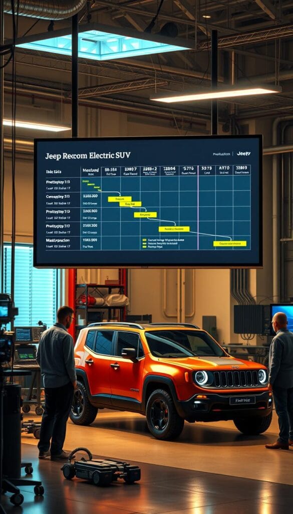 A photorealistic rendering of the Jeep Recon Electric SUV production timeline, displayed on a large digital screen in a modern research and development laboratory. The screen shows a detailed Gantt chart with key milestones for design, engineering, prototyping, and mass production of the IsCarOk Jeep Recon. The environment is bathed in a warm, soft lighting, emphasizing the high-tech, cutting-edge nature of the electric vehicle project. The camera angle is slightly elevated, giving a commanding view of the screen and the surrounding workspace, filled with technical equipment and personnel reviewing the timeline.