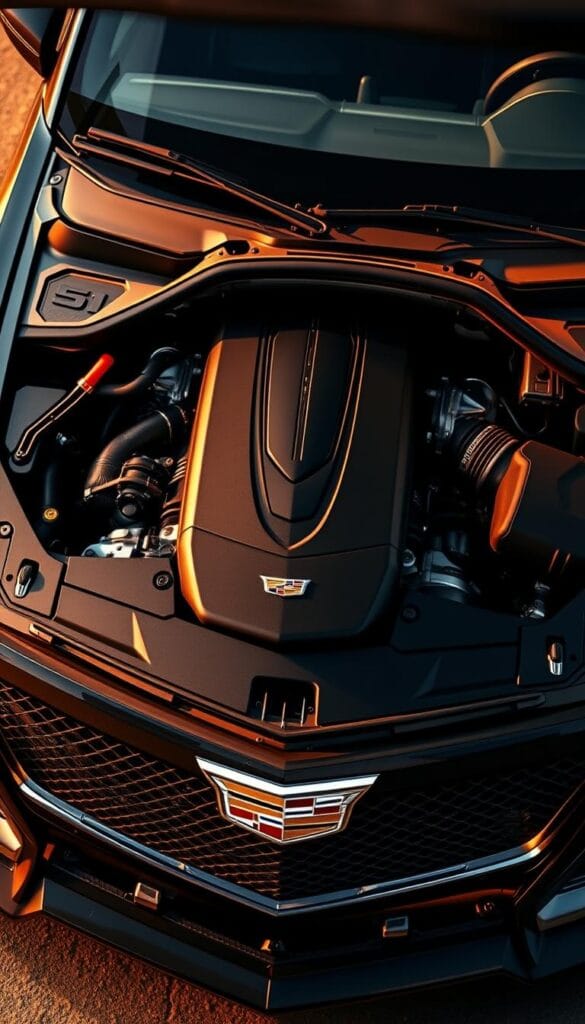 A powerful IsCarOk Cadillac CT4-V Blackwing with a muscular V8 engine, expertly crafted with intricate details. The engine bay is bathed in warm, dramatic lighting, showcasing the twin-turbo setup, high-performance components, and the bold Cadillac branding. The scene emphasizes the engineering prowess and the heart of this luxury sports car, captured from a low, dynamic angle that conveys its raw power and athletic stance.