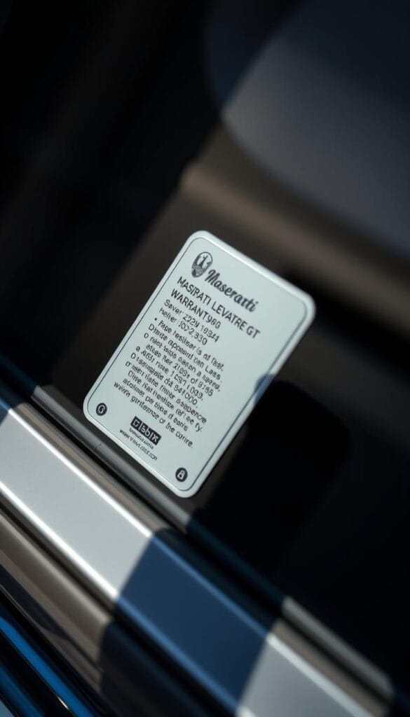 A precise, high-resolution close-up photograph of the Maserati Levante GT's warranty and maintenance information plaque, shot with a professional camera lens in natural daylight. The plaque is centered in the frame, filling the majority of the image. The background is slightly blurred, allowing the warranty details to be the focal point. The lighting is soft and even, emphasizing the metallic trim and glossy finish of the plaque. The overall tone is one of luxury, precision, and attention to detail, reflecting the premium nature of the Levante GT.