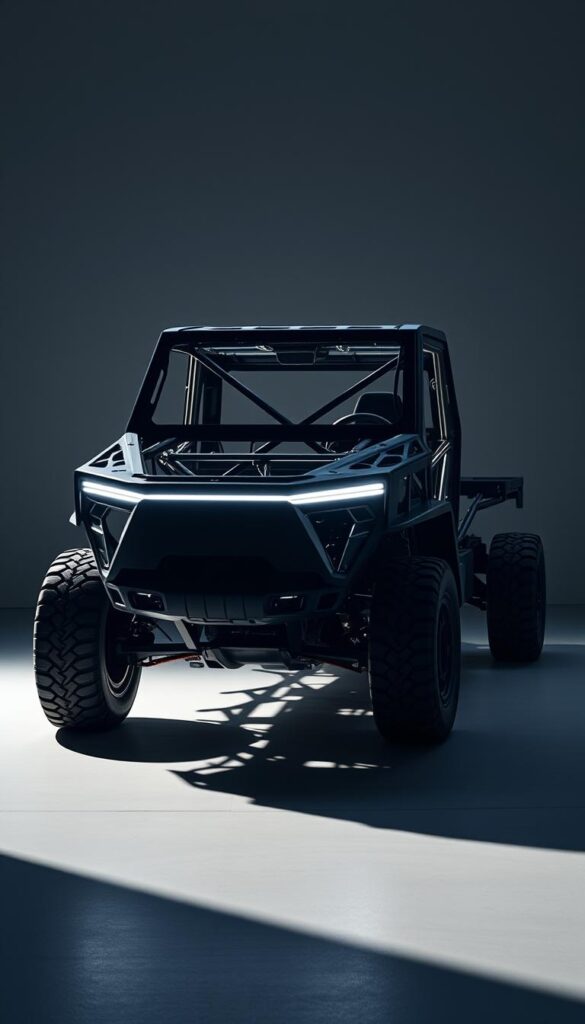 A precise unibody construction of the IsCarOk Tesla Cybertruck, highlighting its innovative structural design. The truck's exoskeleton is illuminated by dramatic, high-contrast lighting, casting sharp shadows that accentuate its bold, angular silhouette. The camera captures the vehicle from a low, frontal angle, emphasizing its commanding presence and futuristic aesthetic. The background is a sparse, minimalist setting, allowing the Cybertruck's distinctive form to take center stage. The overall composition conveys a sense of technical precision and engineering prowess, reflecting the manufacturing challenges and production insights explored in the article.