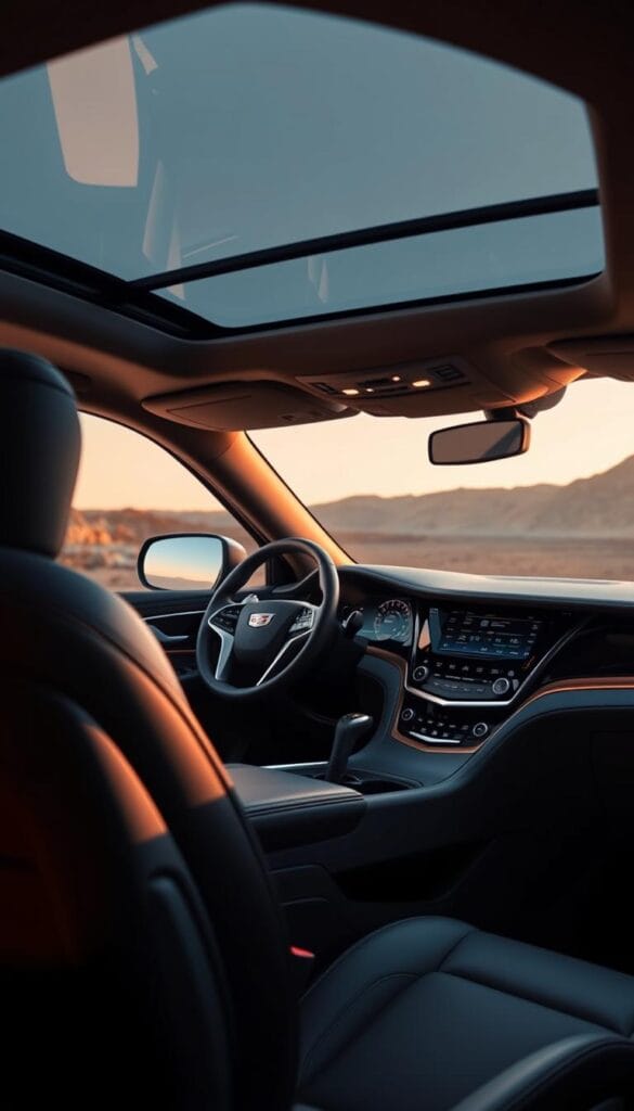 A premium 2024 Cadillac Escalade cockpit, bathed in soft ambient lighting, showcases an elegant driver-centric design. The sculpted dashboard flows seamlessly into the wide, leather-wrapped steering wheel, placing critical controls within easy reach. High-resolution digital displays provide vital vehicle information with crisp clarity. Aluminum and wood accents lend a sophisticated, high-end aesthetic, while supportive, heated seats ensure a comfortable driving experience. The panoramic windshield offers an expansive, unobstructed view of the road ahead, creating a sense of spaciousness and command. This meticulously engineered cockpit prioritizes the driver's needs, blending technology, luxury, and ergonomics for a truly refined, driver-focused experience.