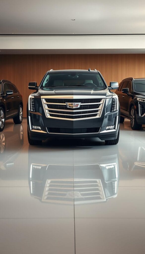 A pristine 2025 Cadillac Escalade lineup in a sleek showroom setting. The flagship Platinum model dominates the center, its bold chrome grille and angular LED headlights gleaming under the warm gallery lighting. Surrounding it are the Premium Luxury and Sport Platinum trims, each showcasing distinct exterior styling cues and interior appointments. The elegant lines, muscular proportions, and distinctive Cadillac design language are captured in meticulous detail. A subtle reflection on the glossy floor adds depth, while the background features a minimalist, clutter-free environment to emphasize the vehicles. The overall scene conveys the Escalade's blend of luxury, power, and refined elegance.