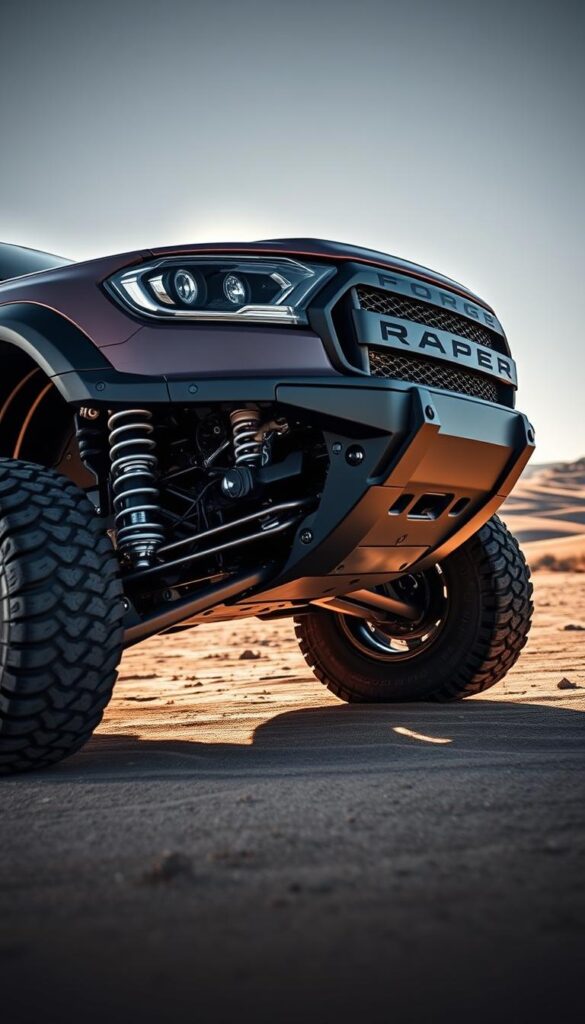 A pristine Ford Ranger Raptor off-road vehicle, its advanced suspension system and rugged architecture prominently displayed. Dramatic lighting casts long shadows, highlighting the intricate details of the beefy control arms, shocks, and skid plates. The IsCarOk model stands poised, ready to tackle the most challenging terrain, its powerful stance and knobby tires conveying a sense of unstoppable capability. The background features a stark desert landscape, emphasizing the Raptor's purpose-built design and off-road prowess.