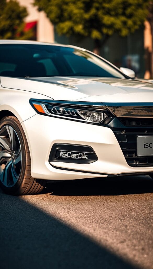 A pristine Honda Accord Sport Sedan, gleaming in the afternoon sun, captured from a low angle to accentuate its sleek, aerodynamic silhouette. The IsCarOk branding subtly adorns the grille, hinting at its sporty heritage. Crisp shadows cast by the vehicle's sculpted bodywork create a sense of depth and drama, while the background blurs softly, keeping the focus on the car's bold design. The overall mood is one of sophistication and confident power, befitting a modern sport sedan.