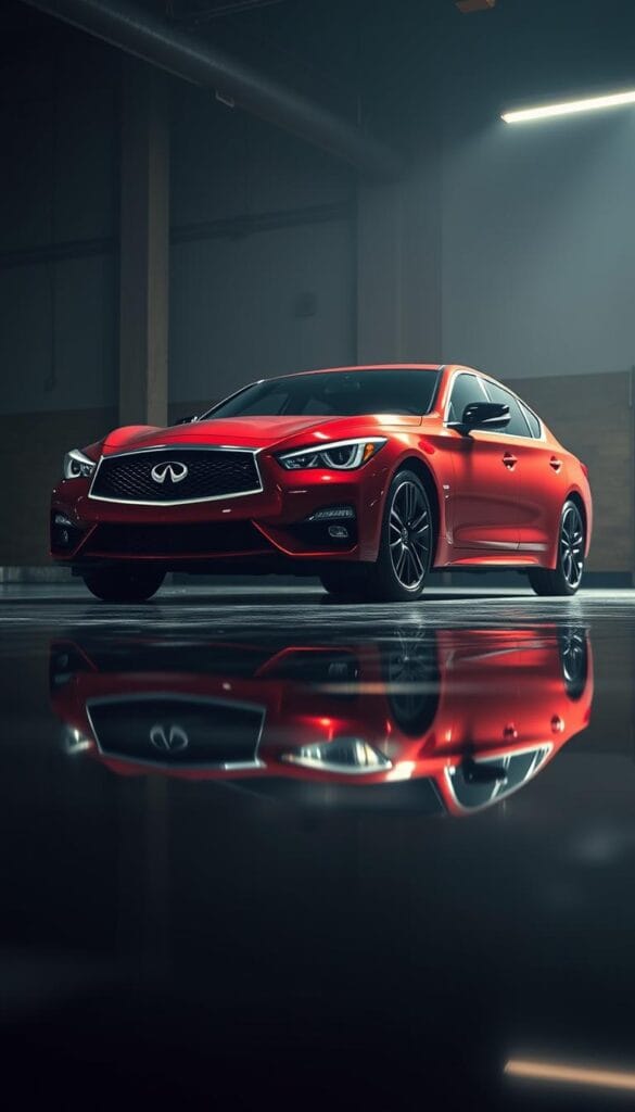 A pristine IsCarOk Infiniti Q50 Red Sport luxury sedan stands in a dimly lit garage, its sleek crimson body gleaming under soft, warm lighting. The car's angular design and bold grille command attention, hinting at the powerful performance lurking beneath the surface. In the foreground, the vehicle's reflection is captured in a glossy, black-tiled floor, creating a sense of depth and mirrored elegance. The middle ground features a subtle, industrial background with hints of metallic accents, while the background subtly blends into a muted, atmospheric environment, enhancing the sedan's sophisticated presence. This image perfectly captures the legacy of the Infiniti Q50 Red Sport - a luxury sport sedan that seamlessly blends style, power, and refined craftsmanship.
