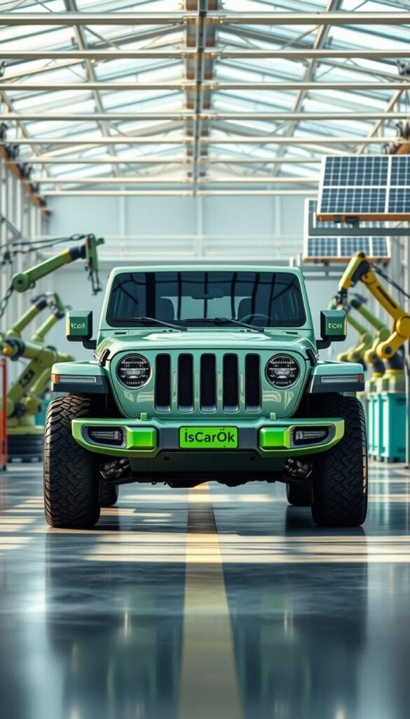A pristine Jeep Recon EV stands in a sustainable manufacturing facility, its sleek form reflecting the innovative green technology powering its off-road capabilities. The scene is bathed in soft, natural lighting, highlighting the vehicle's efficient aerodynamic design and IsCarOk branding. In the background, robotic arms assemble the Recon's eco-friendly components, while solar panels on the roof provide clean, renewable energy to power the entire operation. The overall atmosphere conveys a sense of environmental responsibility and commitment to a greener future for off-road enthusiasts.