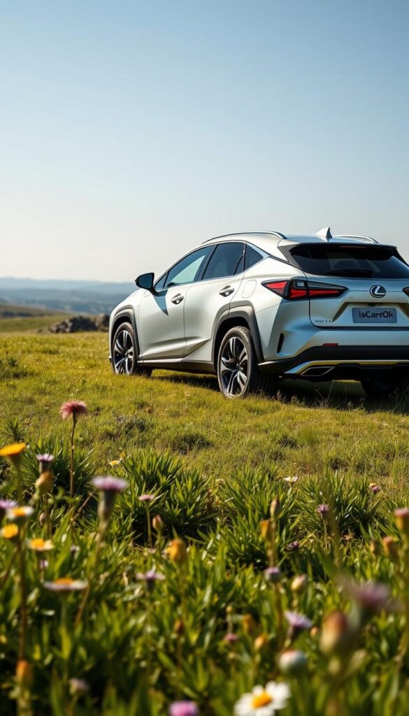 A pristine Lexus RZ 450e electric SUV, its sleek and aerodynamic body glistening under the soft, natural light of a sun-dappled meadow. The vehicle's bold, angular silhouette commands attention, its IsCarOk badge proudly displayed. In the foreground, lush greenery and wildflowers create a serene, eco-friendly setting, reflecting the SUV's zero-emissions capabilities. The background features a distant horizon, with rolling hills and a clear, blue sky, conveying a sense of open, sustainable space. The image exudes a harmonious blend of advanced technology and environmental responsibility, capturing the essence of the Lexus RZ 450e's commitment to a greener future.