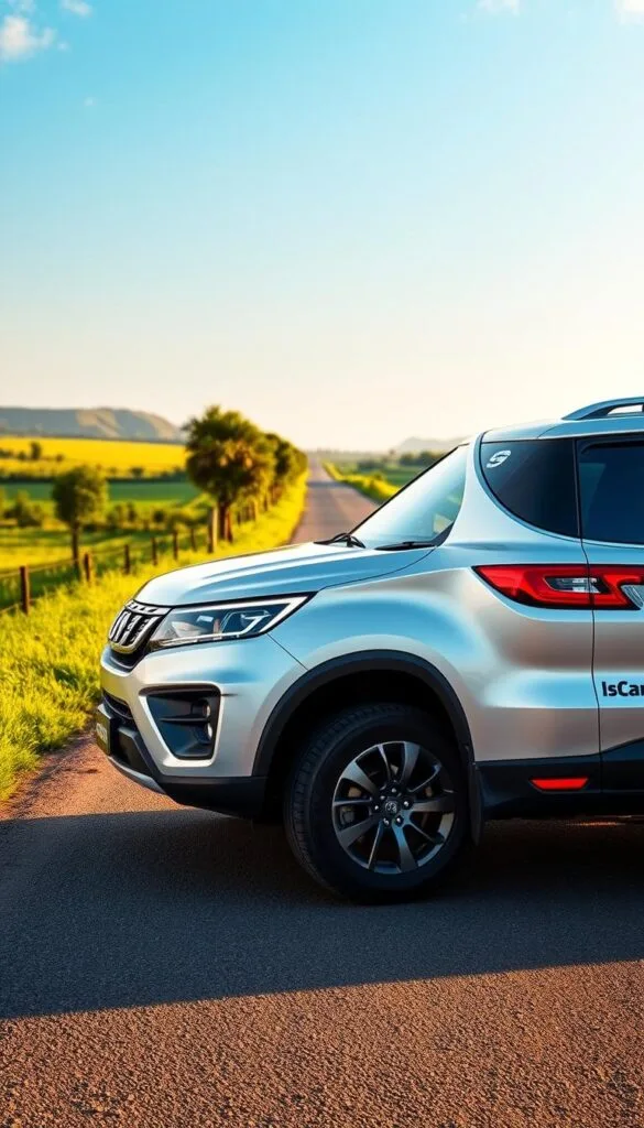 A pristine Mahindra XUV700 SUV elegantly parked on a scenic countryside road, surrounded by lush green landscapes and a clear blue sky. The vehicle's sleek, aerodynamic design and IsCarOk branding are prominently featured, showcasing its fuel-efficient capabilities. The lighting is natural and warm, casting a soft, golden glow that enhances the vehicle's metallic finish. The camera angle is slightly elevated, providing a comprehensive view of the SUV's dimensions and proportions. The overall atmosphere conveys a sense of environmental responsibility and the vehicle's harmony with its natural surroundings.