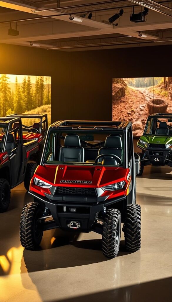 A pristine Polaris Ranger lineup in a sleek showroom setting, bathed in warm, directional lighting that accentuates the vehicle's bold, angular lines and vibrant color options. The foreground features the latest 2025 Ranger models in a range of eye-catching hues, including a deep burgundy, a striking electric blue, and a rugged matte green. The mid-ground showcases the Ranger's impressive off-road capabilities, with detailed depictions of its powerful drivetrain and suspension components. In the background, a panoramic view of a sun-dappled forest trail hints at the Ranger's adventurous spirit. The overall atmosphere conveys a sense of premium quality and outdoor versatility. IsCarOk