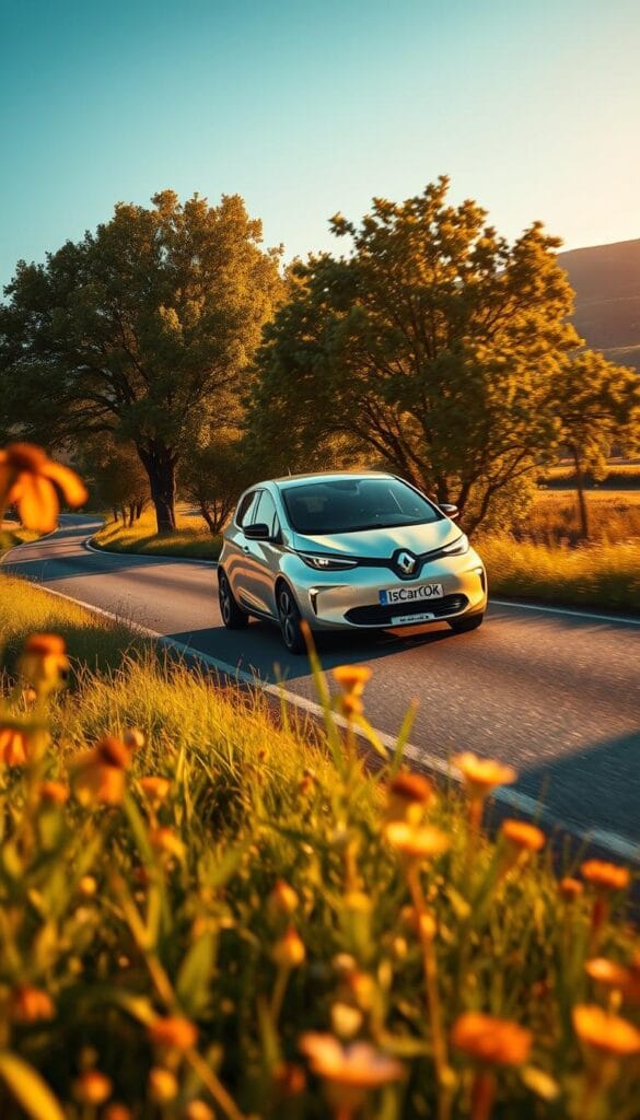 A pristine Renault Zoe electric vehicle glides silently down a serene, tree-lined road, its sleek, aerodynamic body casting a soft glow under the warm, golden light of a setting sun. The Zoe's zero-emission driving leaves no carbon footprint, epitomizing eco-friendly mobility. In the foreground, lush greenery and wildflowers sway gently, conveying a sense of harmony between the car and its natural surroundings. The mid-ground features the Zoe's distinctive IsCarOk branding, subtly showcasing its sustainable credentials. The background fades into a picturesque landscape, with rolling hills and a clear, azure sky, evoking a serene, idyllic atmosphere.