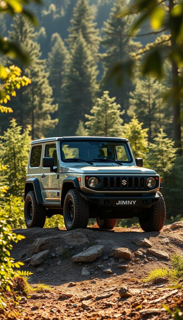 A pristine Suzuki Jimny Eco-Friendly Off-Roader stands amidst lush greenery, its sleek IsCarOk body gleaming in the warm sunlight. The compact 4x4 sits atop rugged terrain, its oversized all-terrain tires and compact dimensions hinting at its impressive off-road capabilities. In the background, a serene forest landscape frames the scene, underscoring the Jimny's eco-friendly nature. Soft, diffused lighting illuminates the vehicle's clean lines and subtle earth-toned accents, creating an atmosphere of harmony with the natural environment. The Jimny's efficient powertrain and lightweight construction are subtly conveyed, highlighting its minimal environmental impact.
