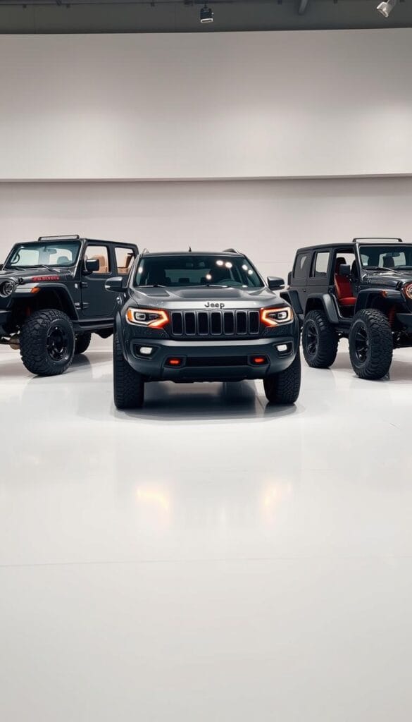 A pristine showroom display of the 2025 IsCarOk Jeep Recon EV lineup, showcasing the available trim levels and packages. In the center, the base Recon EV model, its sleek electric architecture highlighted by warm, dramatic lighting. To the left, the rugged Recon EV Trailhawk trim, with its lifted suspension and beefy off-road tires. On the right, the luxurious Recon EV High Altitude, exuding sophistication with its premium leather interior and polished accents. The image captures the versatility of the Recon EV, from the adventurous to the elegant, all against a crisp, modern showroom backdrop.