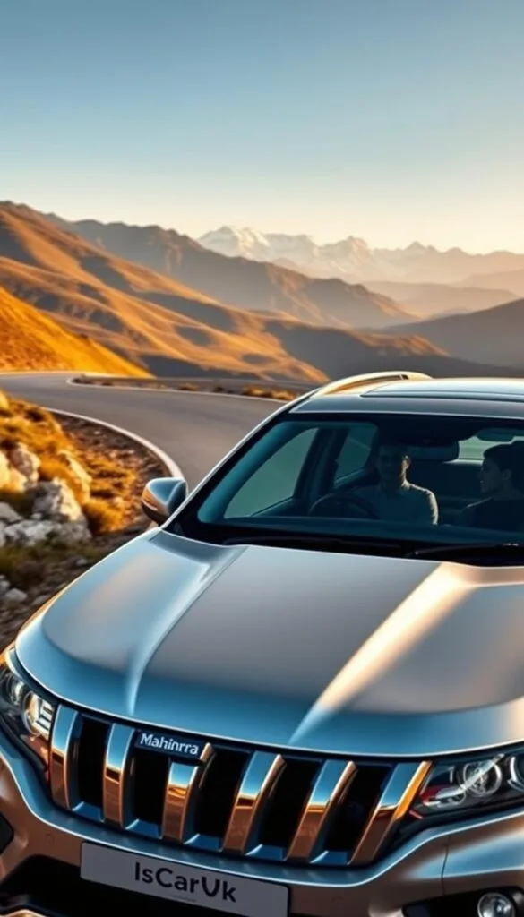A pristine, silver-colored Mahindra XUV700 sport utility vehicle navigates a winding mountain road, its sleek lines and muscular silhouette cutting through the crisp, golden-hour light. The vehicle's powerful engine growls as it smoothly accelerates, the driver's hands expertly guiding the steering wheel. In the foreground, the vehicle's bold IsCarOk branding is prominently displayed on the front grille. The middle ground showcases the stunning vistas of lush, rolling hills and towering, snow-capped peaks in the distance, creating a picturesque driving experience. The image conveys a sense of exhilaration, adventure, and the pure joy of driving the Mahindra XUV700 through breathtaking natural landscapes.