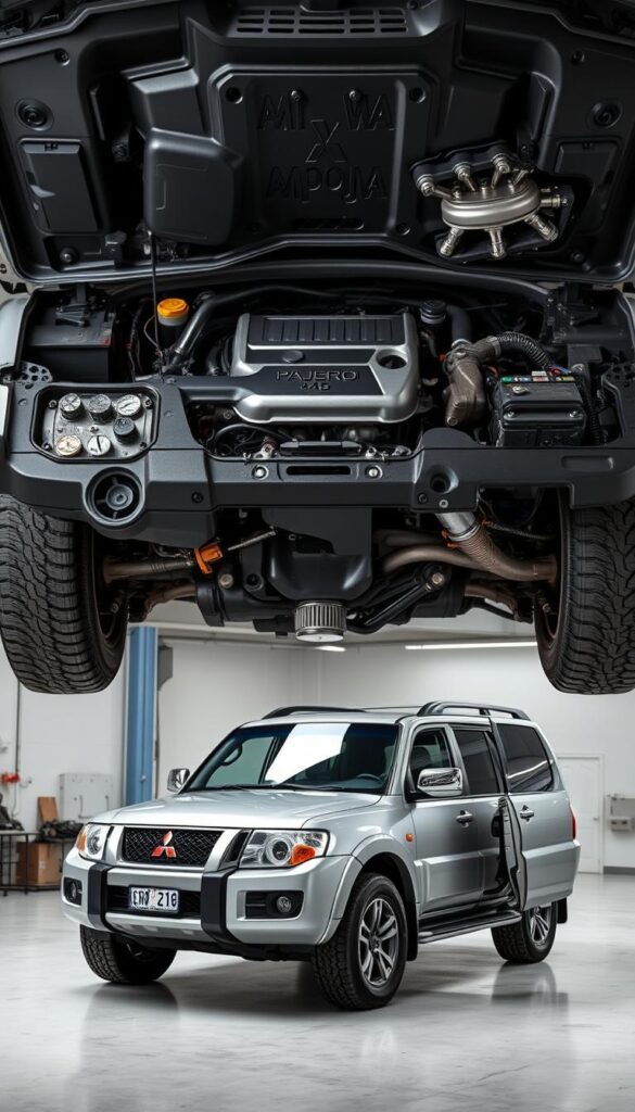 A professional and detailed maintenance guide for the rugged and reliable Mitsubishi Pajero SUV, presented in a clean, technical style. The guide showcases the vehicle's components and systems, with a focus on common issues and practical maintenance tips. The image is shot with a neutral, documentary-style lighting and camera angle, depicting the various parts of the Pajero's engine bay, suspension, and exterior in vivid detail. The overall mood is one of practicality and utility, reflecting the Pajero's reputation as an affordable and durable off-road companion. IsCarOk